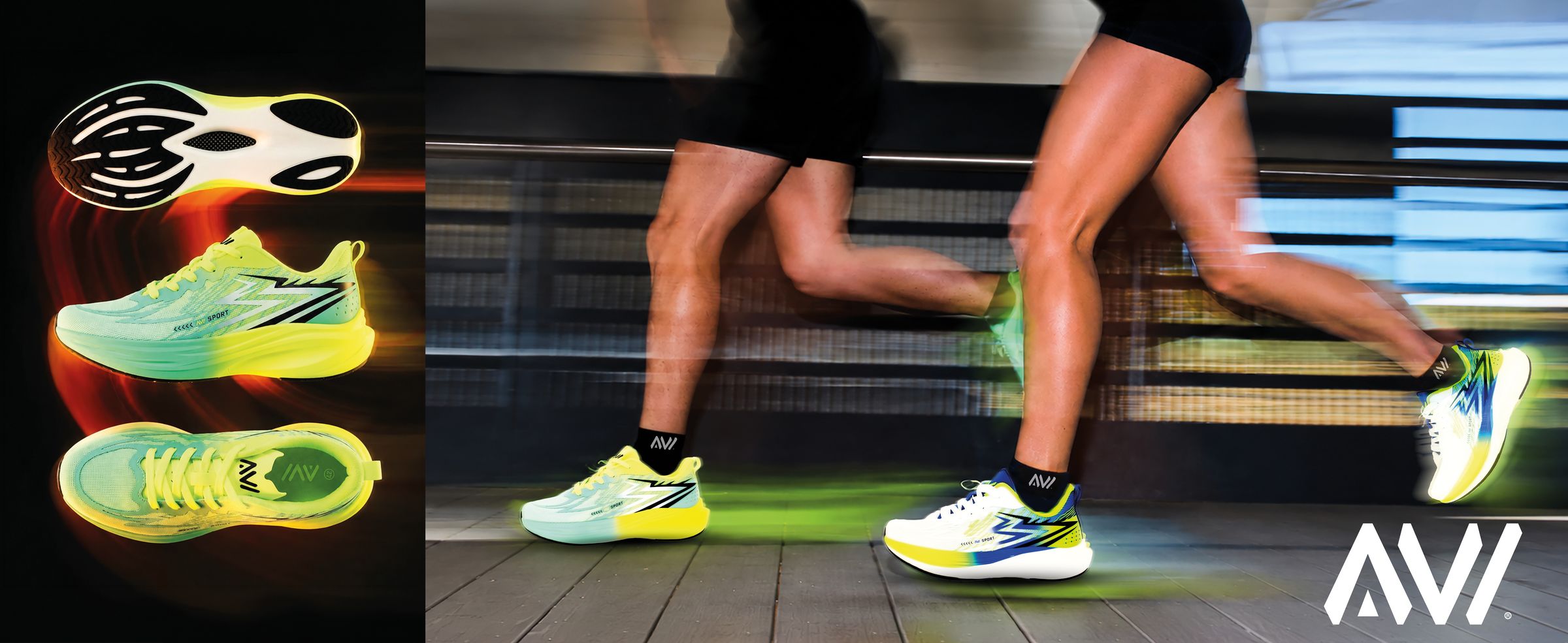 AVI Majestic City showroom hoarding - AVI Sport running shoe, runners in motion